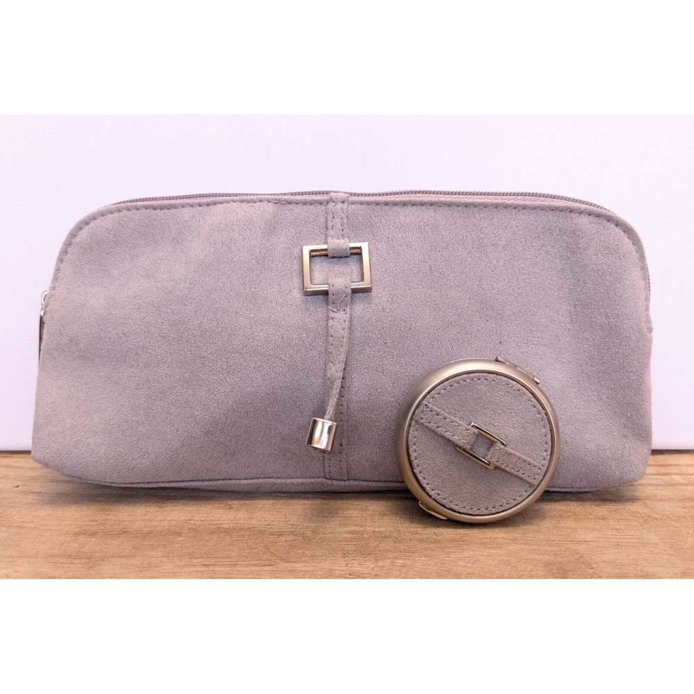 Estee Lauder Faux Suede Gray Cosmetic Zipper Bag Pouch Clutch + Travel Mirror